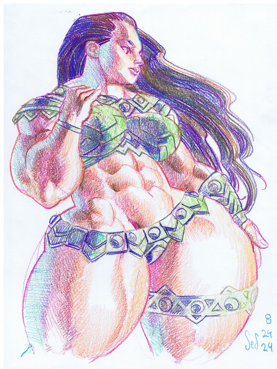 Jed Dougherty (@jebriodo) on Twitter photo Color pencil drawing of a an amazon woman in chunky bikini armor- 2024. Color pencil drawing of a an amazon woman in chunky bikini armor- 2024.