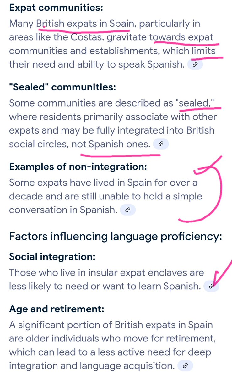 Many Brits in Spain live for yrs only mix with Brits &amp; other than pointing to a menu, ordering a drink, or La Cuenta por favor dont bother trying to learn Spanish, Integrate with the Spanish people &amp; their culture..but it must be remembered they dont approve of any of that in  UK