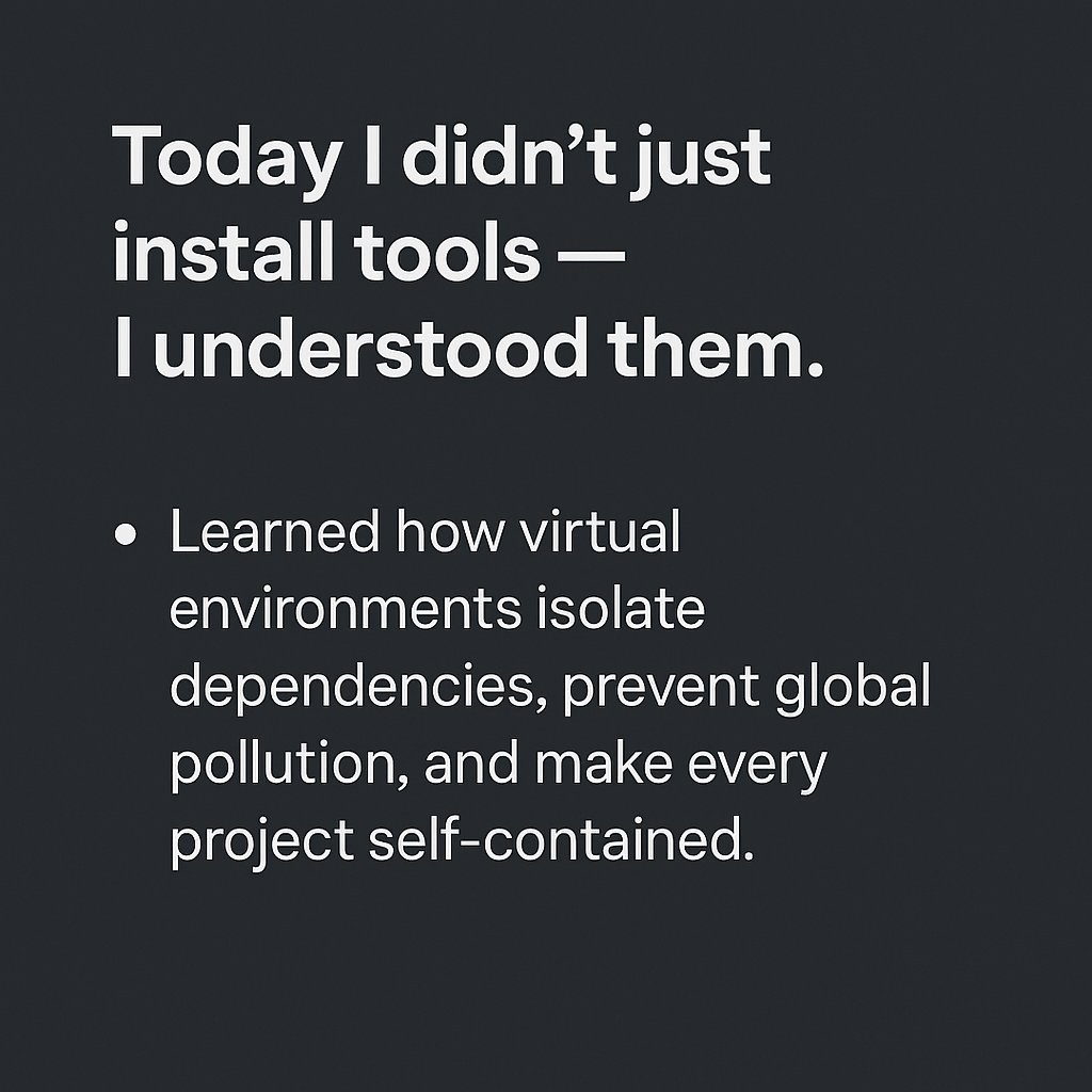 dev1Aashish's tweet image. Clarity over clutter. Control over chaos. Today was a setup day — tomorrow, we ship. 🚀 
#Python #VirtualEnvironment #ModularDesign #LearningInPublic #OpenSourceJourney #TechWithPurpose #BTechDiaries #AIandDataScience #ReproducibleWorkflows