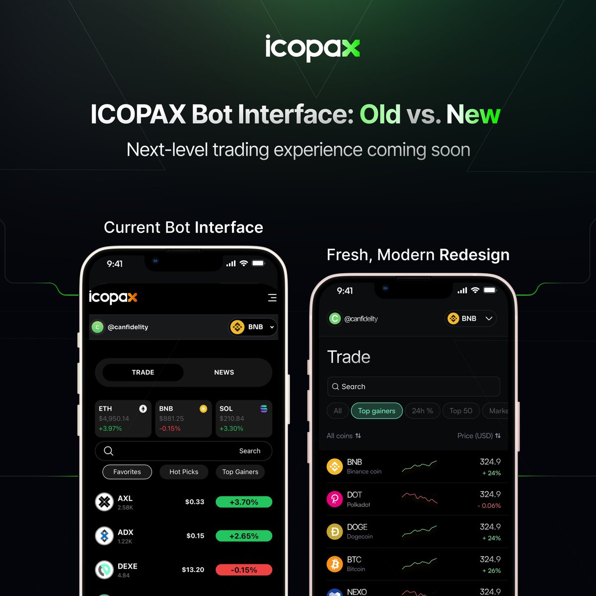 Big News from ICOPAX 

We’ve officially started working on a brand new trading bot interface 

🔹 Sleeker design
🔹 Faster execution
🔹 Simpler navigation

Your trading experience inside Telegram is about to reach the next level.

Here’s a first look side by side:
Old interface