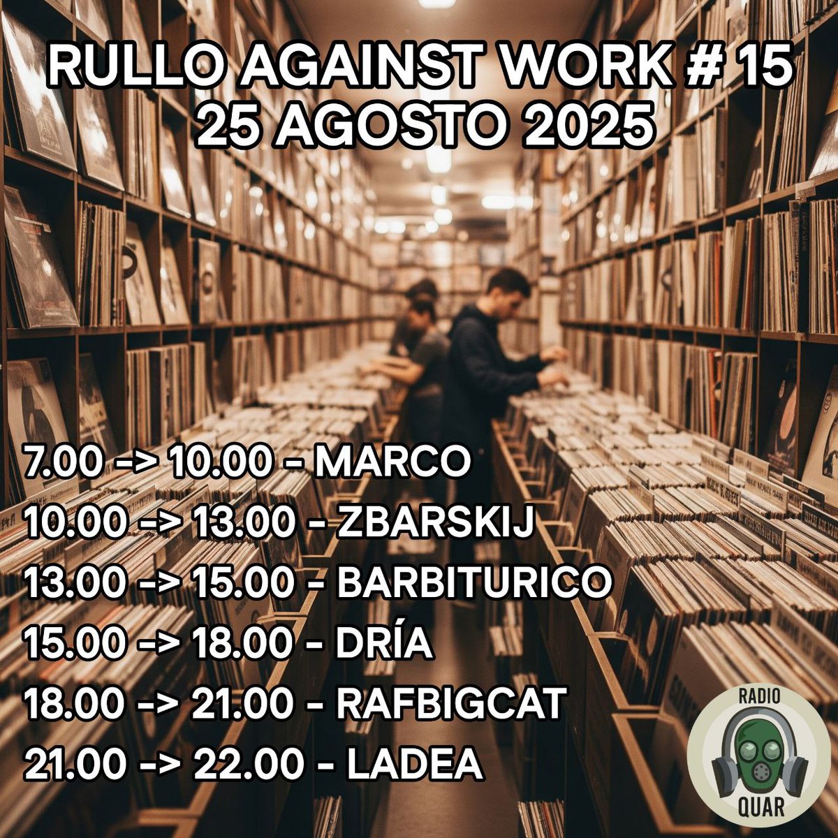 Programma Lunedì 25 agosto 
Ultima settimana di rulli, con tanta musica.
Domani mattina ci siamo dalle 7.00 per stare con voi fino alle 22.00.
Buon ascolto a tuttɜ