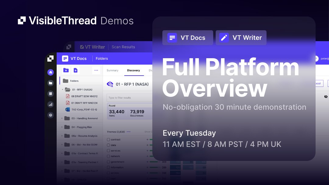 VisibleThread's tweet photo. Join us for a free, no-obligation demo of VisibleThread’s full platform - #VTDocs and #VTWriter.

See firsthand how VisibleThread transforms proposals - 𝙣𝙤 𝙨𝙩𝙧𝙞𝙣𝙜𝙨 𝙖𝙩𝙩𝙖𝙘𝙝𝙚𝙙.

🔗 Join us on Tuesday: https://t.co/qrDdqK1zqB

#GovCon #GovernmentContracting https://t.co/FdQCNLLkPF