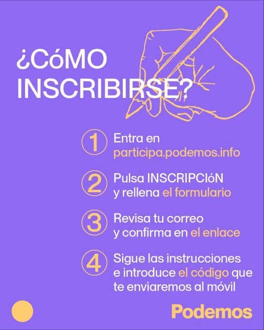 Inscríbete en #Podemos para participar del cambio que #España 🇪🇸 necesita. Como militante activo podrás colaborar con un círculo, o como inscrito podrás participar en las votaciones de primarias. La izquierda te necesita 💜 entra en:

⏩ participa.podemos.info ⏪

#izquierda