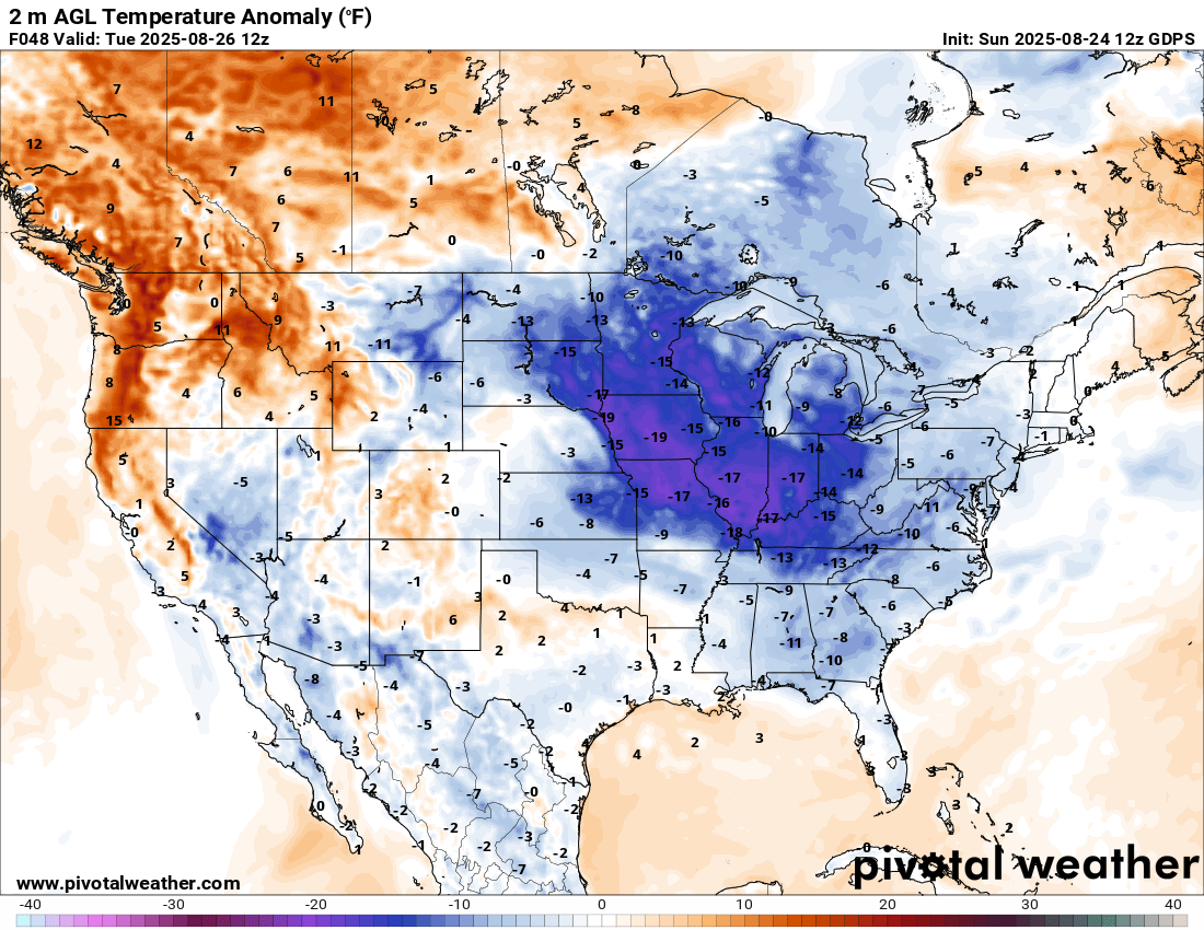 Talk about Fall-Like Feel! Overnight lows early next week (MON-WED night) run the risk of being greater than 15 degrees below normal!! A few spots may see temperatures first thing in the morning in the 40s!! Great chance to turn off the AC and break out the sweaters/sweatshirts!