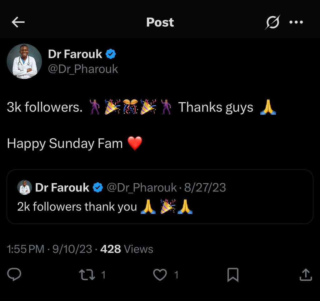 Dr Farouk (@dr_pharouk) on Twitter photo This was me in 2023 ππ. Nobody even congratulated me sef π
Just believe you can do it, and never force anyone to engage with you. Shoutouts are cool, but donβt put all your focus on them. 
You can get 100 or 200 followers from a shoutout and still be stuck there for 8 This was me in 2023 ππ. Nobody even congratulated me sef π
Just believe you can do it, and never force anyone to engage with you. Shoutouts are cool, but donβt put all your focus on them. 
You can get 100 or 200 followers from a shoutout and still be stuck there for 8