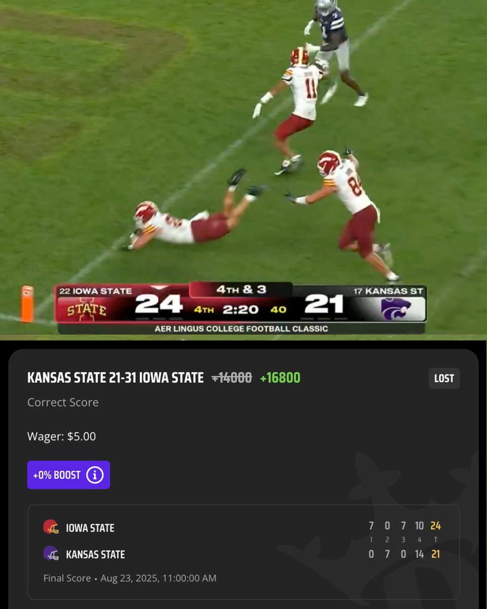 Pikkit (@pikkitsports) on Twitter photo Iowa State knees it at the 1-yard line after this.
Final score: Iowa State 24, Kansas State 21.
Brutal.
(via <a href="/_AlexGookin/">Alex Gookin</a> | <a href="/DKSportsbook/">DraftKings Sportsbook</a>) Iowa State knees it at the 1-yard line after this.
Final score: Iowa State 24, Kansas State 21.
Brutal.
(via <a href="/_AlexGookin/">Alex Gookin</a> | <a href="/DKSportsbook/">DraftKings Sportsbook</a>)