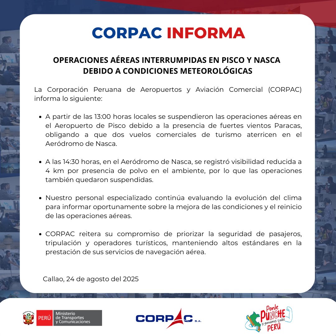 🔴Comunicado | Operaciones aéreas interrumpidas en el Aeropuerto de #Pisco y el Aeródromo de #Nasca