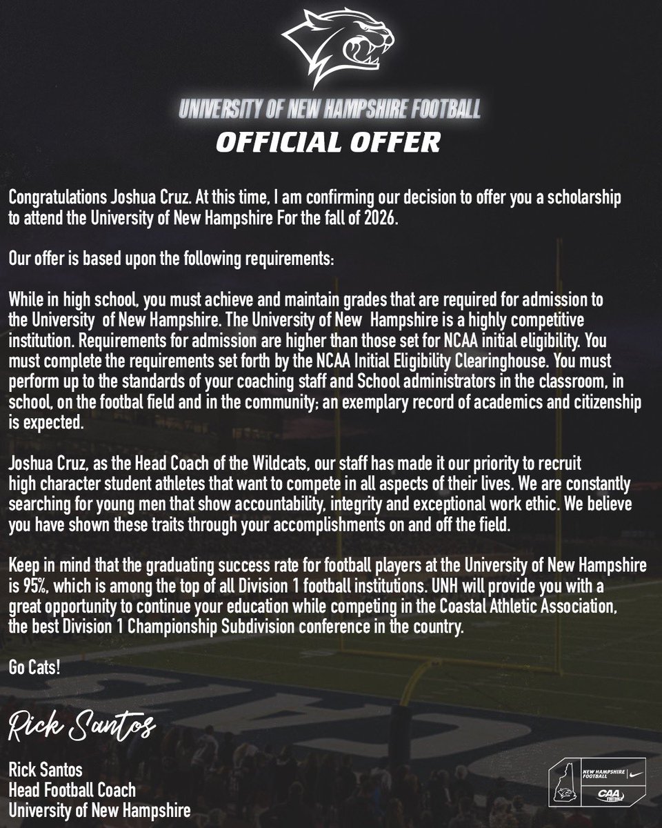 JoshuaCruz_10's tweet photo. Very Blessed to have Received My Official Offer Letter!! Go Wildcats!!

@rwsantos2 @UNH_Football @603Recruiting @CoachScottJames @CoachGilmore_2 @CoachThompson_1
@BergenCathFBall @bccoachvito https://t.co/24jLbwNAa7