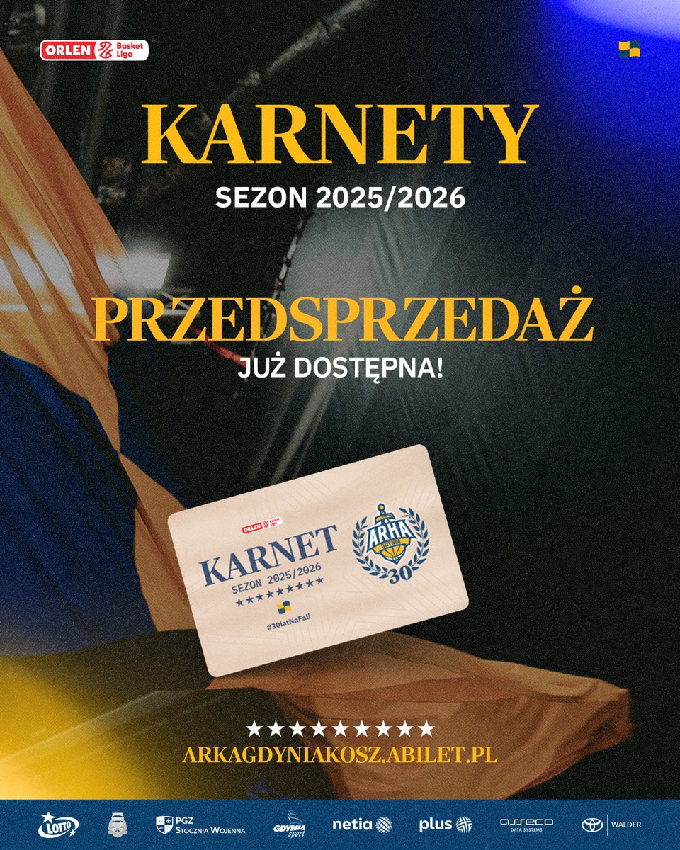 ❗️Przedsprzedaż karnetów na sezon 2025/2026 właśnie wystartowała! 🟡🔵

Już teraz ponownie zarezerwuj swoje ulubione miejsce w Polsat Plus Arenie Gdynia i przeżywaj z nami jubileuszowy sezon! 🤝🏻

🎟️ arkagdyniakosz.abilet.pl #plkpl