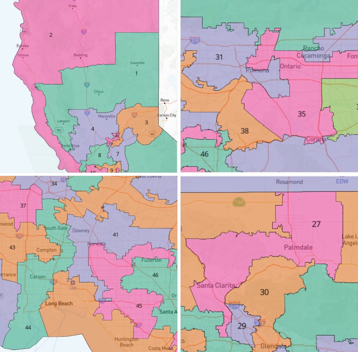 California's Constitution mandates that Congressional districts "shall be drawn to encourage geographical compactness such that  nearby areas of population are not bypassed for more distant  population."

Here are a few of Gavin's most interesting violations:

The long Marin