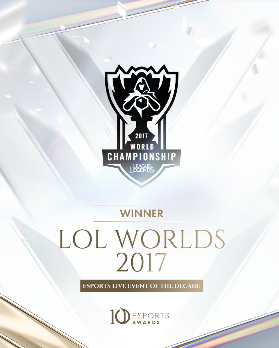 Esports Awards (@esportsawards) on Twitter photo The winner of the Esports Live Event of the Decade award is...
League of Legends Worlds 2017 - <a href="/lolesports/">LoL Esports</a>
Congratulations! The winner of the Esports Live Event of the Decade award is...
League of Legends Worlds 2017 - <a href="/lolesports/">LoL Esports</a>
Congratulations!