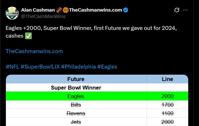 TheCashManWins's tweet image. I will release 3 Super Bowl Futures for the 2025 Season this week.

Get All Access 1 yr $59

TheCashmanwins.com/subscribe

#NFL #TheOpen #CFB #Colts #iufb