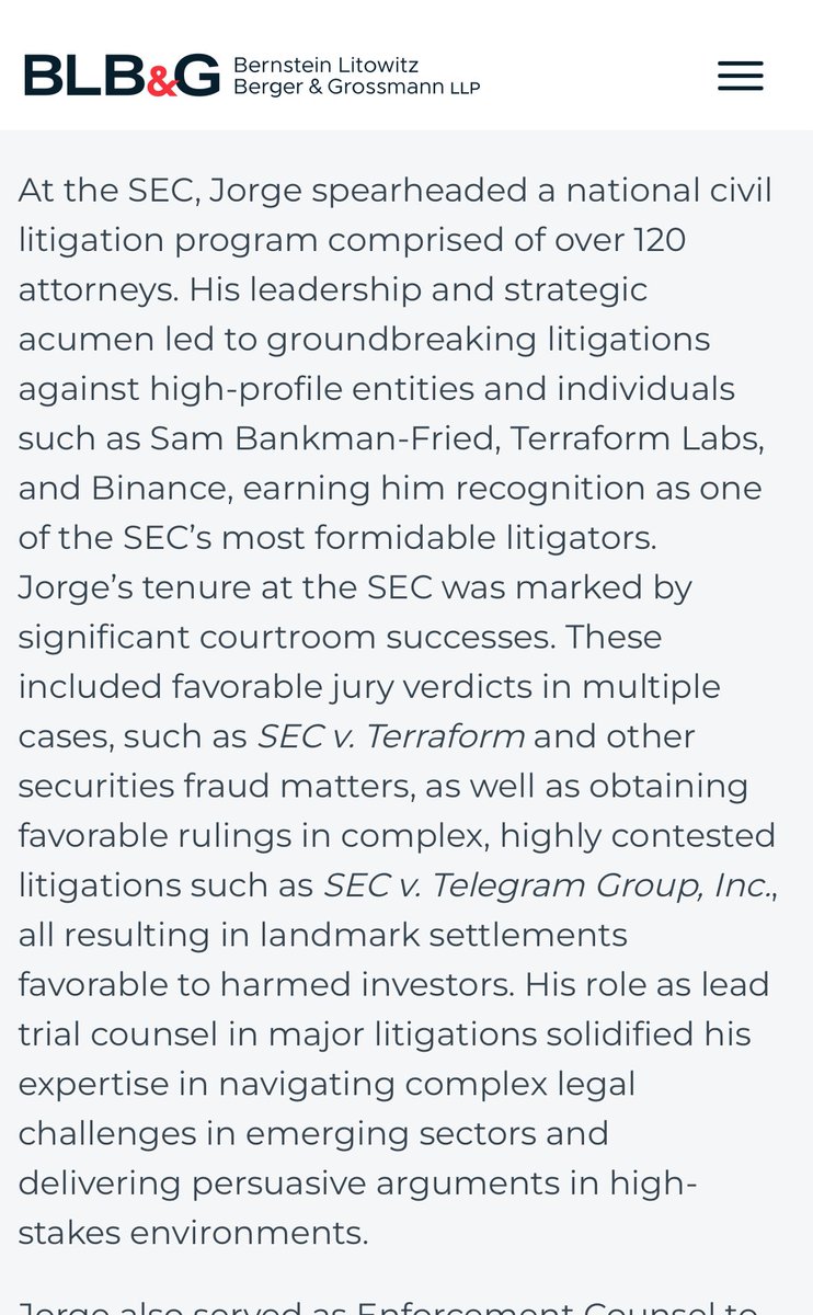 Lead counsel for the SEC in the Ripple case, Jorge Tenreiro, is now a  partner at a major law firm. His profile refers to some of his courtroom  successes in crypto enforcement