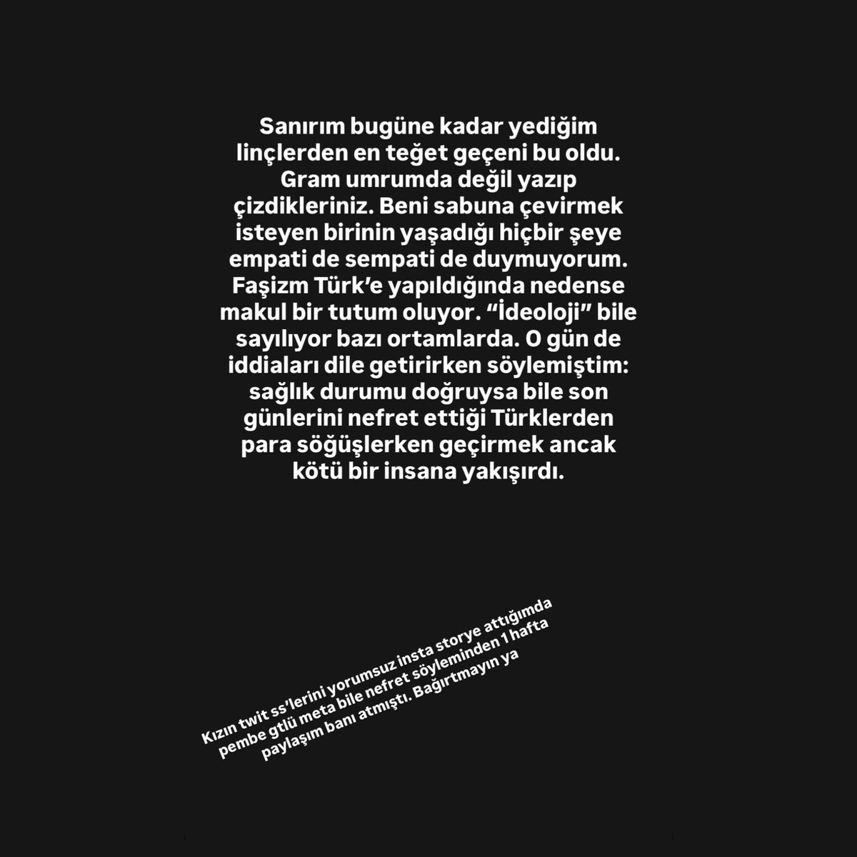 🔗 Jahrein, Evre B Clark’ın hayatını kaybetmesinin ardından kendisine yöneltilen linçlere dair bir hikâye paylaştı.

🗣️ "Sanırım bugüne kadar yediğim linçlerden en teğet geçeni bu oldu. Gram umrumda değil yazıp çizdikleriniz. Beni sabuna çevirmek isteyen birinin yaşadığı hiçbir