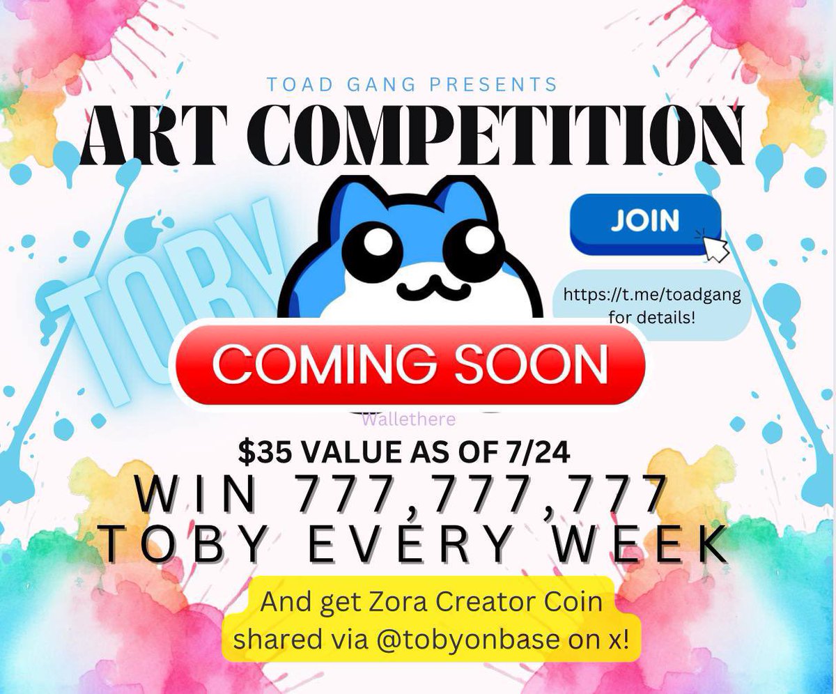 $toby art contest week 4 ✨

all art submitted in toad gang art channel are considered entries for the contest ✨

let your spirit roar ✨

winners announced every friday ✨

link to toad art channel ⬇️
t.me/toadgang/548321