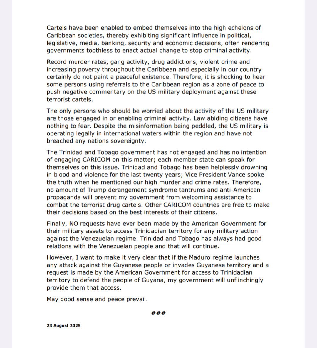 🇹🇹🇺🇸 | Trinidad y Tobago respalda despliegue militar de EE.UU. en el Caribe para combatir narcos.