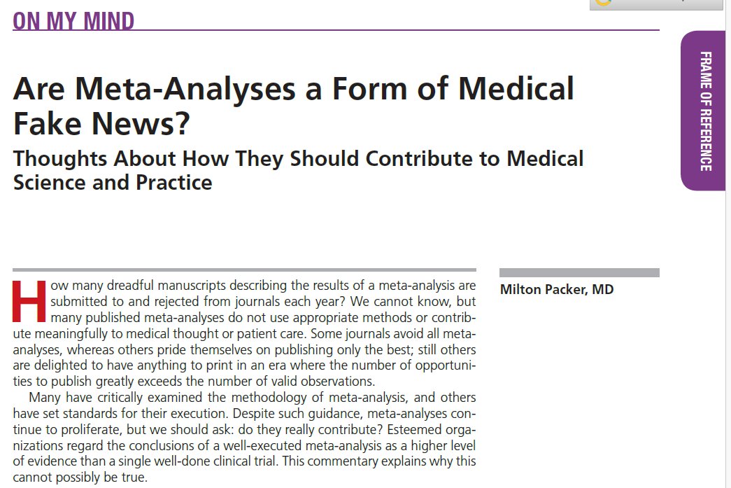 1/🚨 ¿Son los meta-análisis realmente la “cima de la evidencia” o pueden ser fake news médicas disfrazadas de ciencia?
Interesante comentario del Dr. Milton Packer (Circulation 2017)

En este hilo te cuento sus argumentos👇