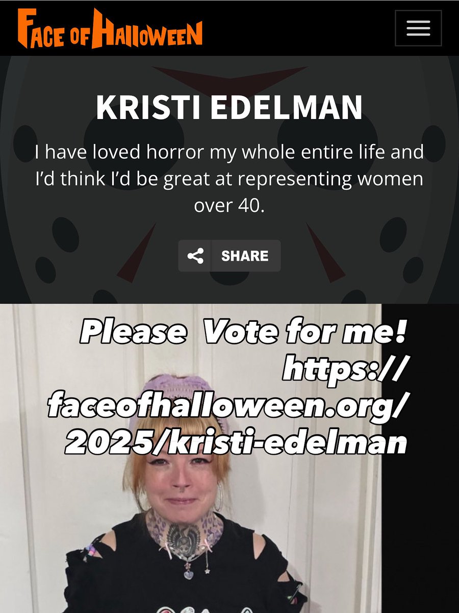 Face Of Halloween Competition Voting begins Tomorrow 8/25/2025 Please VOTE for me, THANK YOU! Kristi Edelman Link in description! faceofhalloween.org/2025/kristi-ed… #faceofhalloween2025 #faceofhalloweencompetition  #jamieleecurtis #kanehodder #mathewlillard #ruemorguemagazine #horror #vote