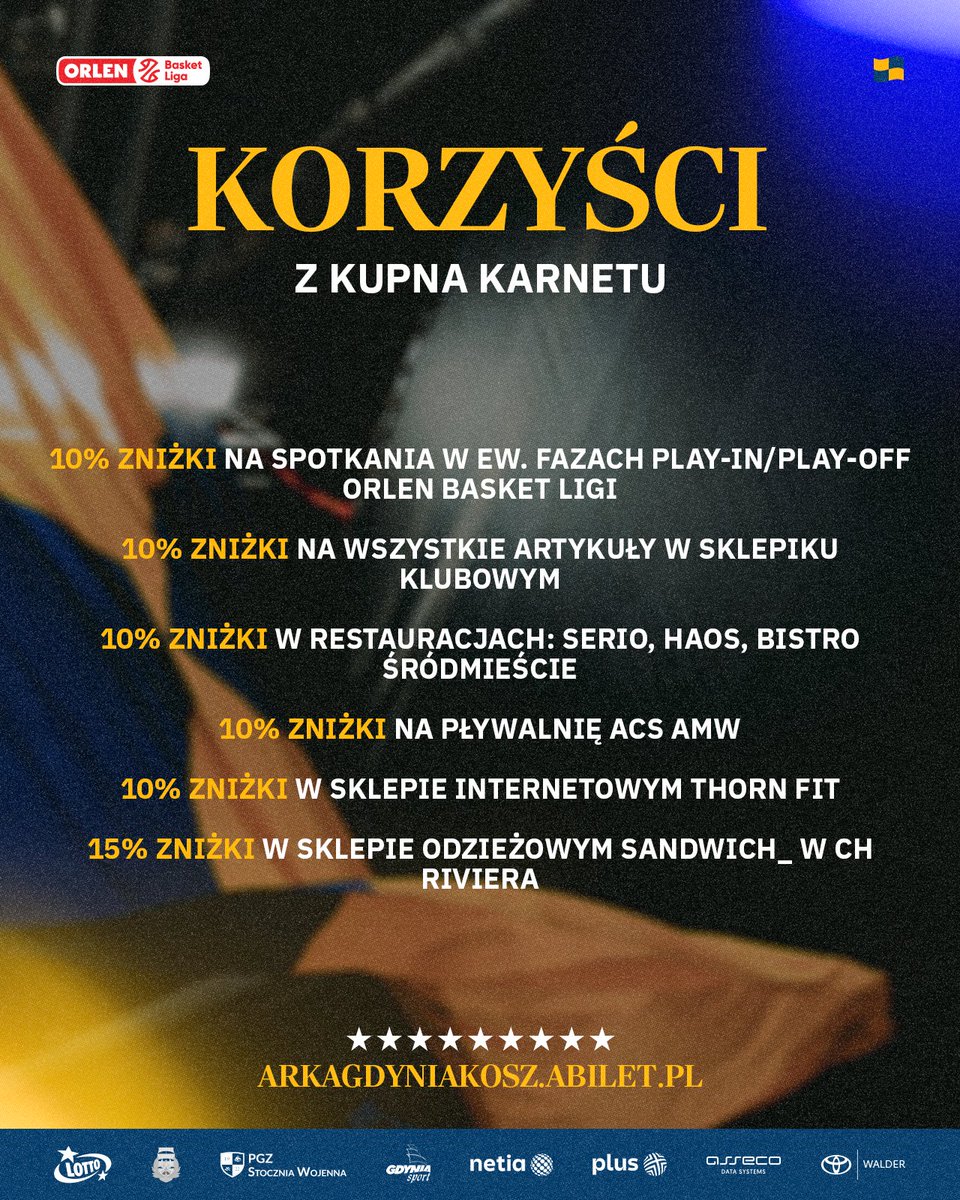 📈 Kupno karnetu to również szereg korzyści! 👀

🟡 10% zniżki na spotkania w ew. fazach play-in/play-off PLK
🔵 10% zniżki na wszystkie artykuły w sklepiku klubowym
🟡 10% zniżki w restauracjach Serio, HAOS, Bistro Śródmieście
🔵 10% zniżki na pływalnię ACS AMW Gdynia
🟡 10%