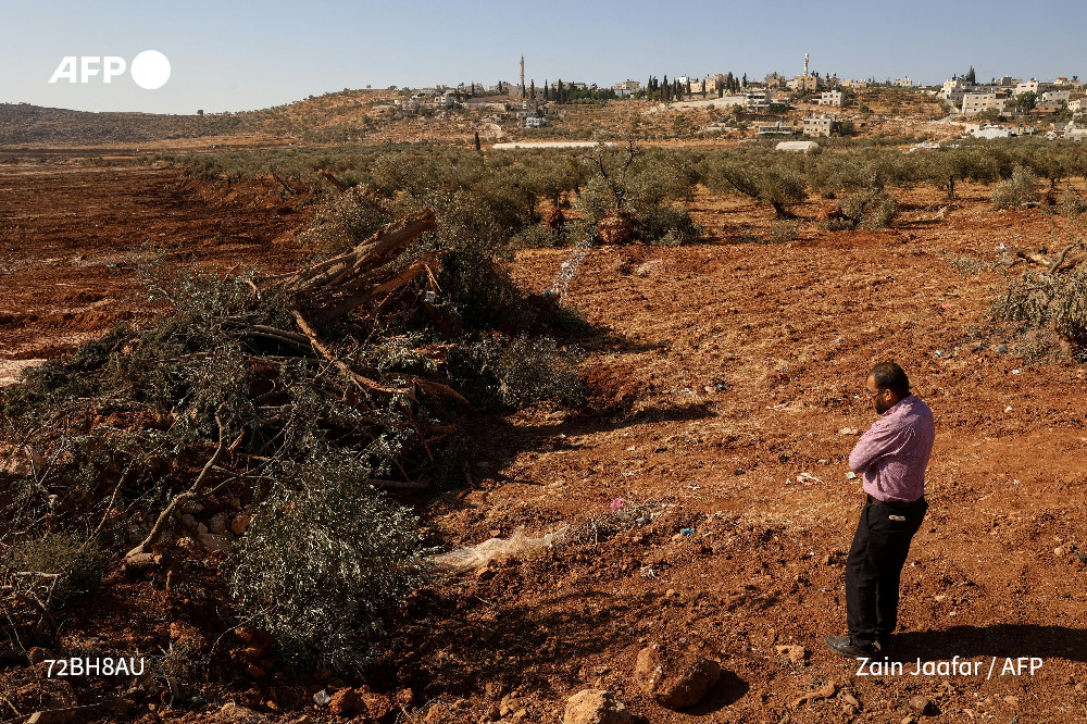 Israeli bulldozers uprooted hundreds of trees in the West Bank village of al-Mughayyir on Sunday in the presence of the Israeli military, according to AFP journalists who witnessed the scene.

u.afp.com/SA3o