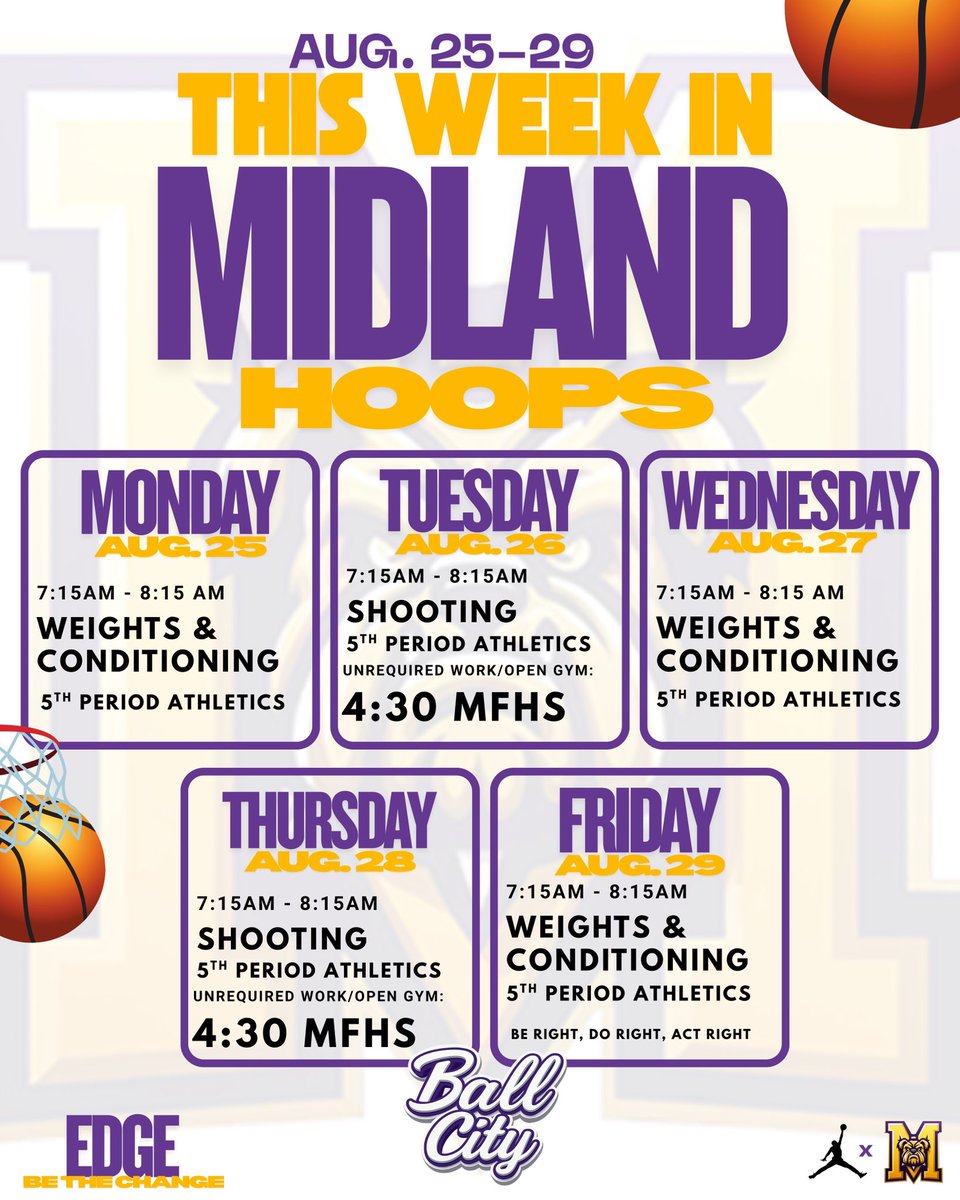 Weekly Schedule for the Dawgs!!

#bethechange 

<a href="/MidlandHigh_MHS/">Midland High School</a> <a href="/reese_puckett/">Reese Puckett</a> <a href="/BLReese1/">Brad Reese</a> <a href="/AthleticsMISD/">Midland ISD Athletics</a>
