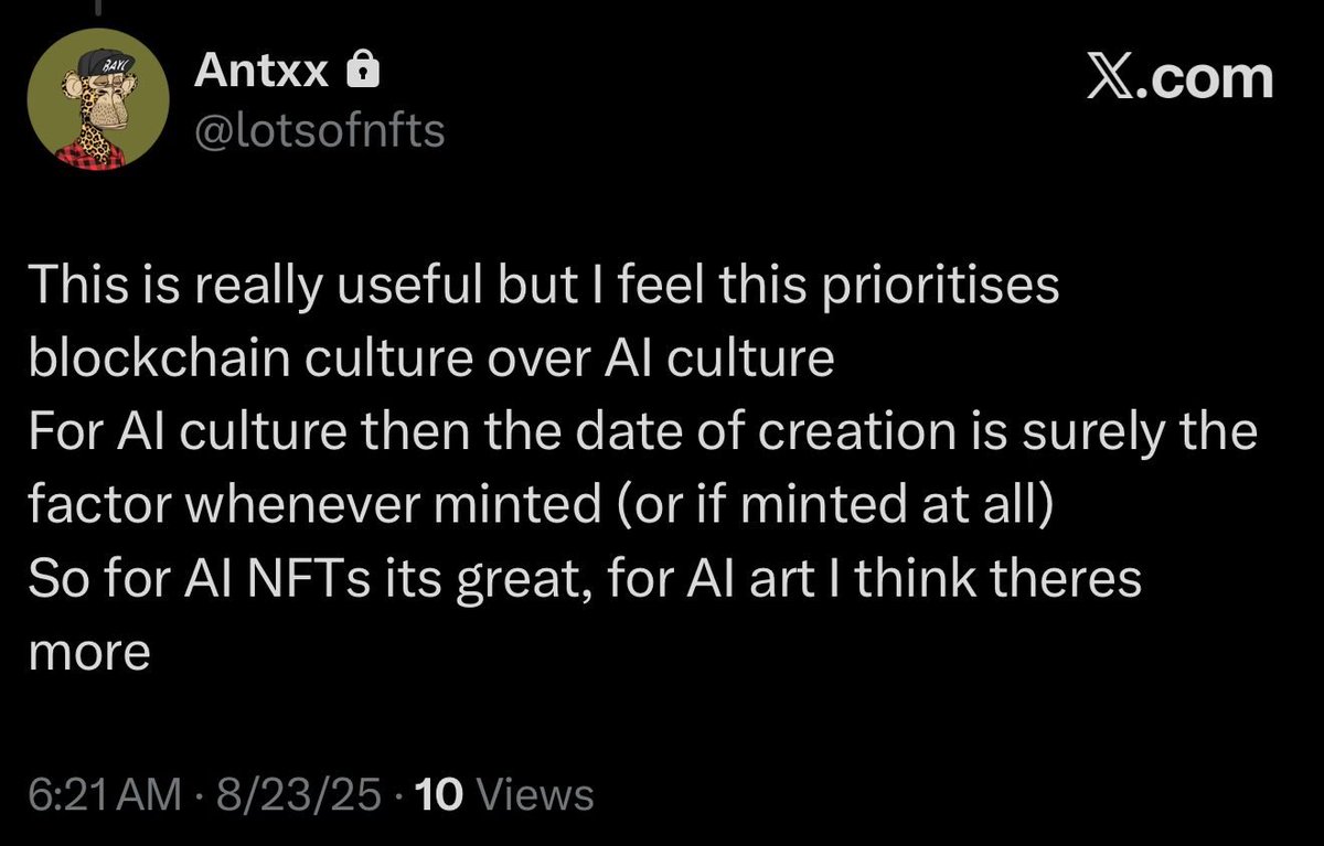 This is an important point and a real risk with collecting early ai art. We’re so early that consensus hasn’t fully formed yet. 

You might end up with cryptokitties and mooncats while all value accrues to punks and autoglyphs.

The way I model it is there are three cohorts of