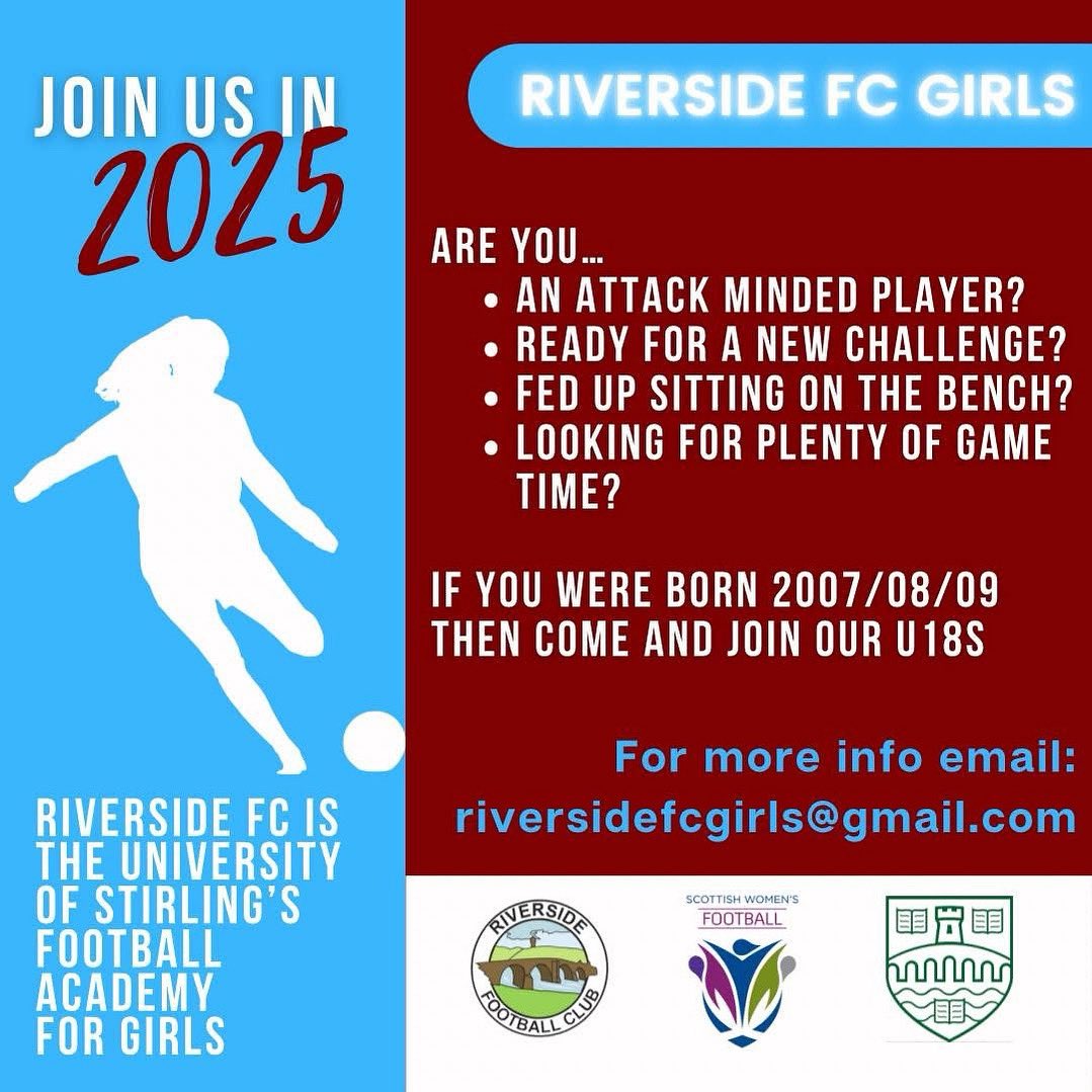 RsideFCGirls's tweet photo. Looking for a new challenge? Frustrated by a lack of game time?
Riverside U18s can offer both.  Come join us playing at our fantastic facilities at the University of Stirling. https://t.co/2a3megMlqw