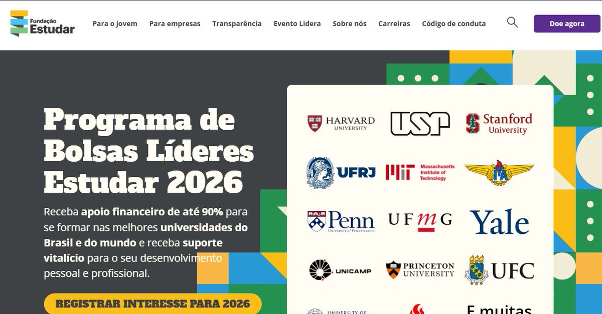Programa de "Bolsas Líderes Estudar 2026", com apoio financeiro de até 90% para graduação e pós em universidades no Brasil e no exterior, além de rede e suporte de desenvolvimento.

Link nos comentários!