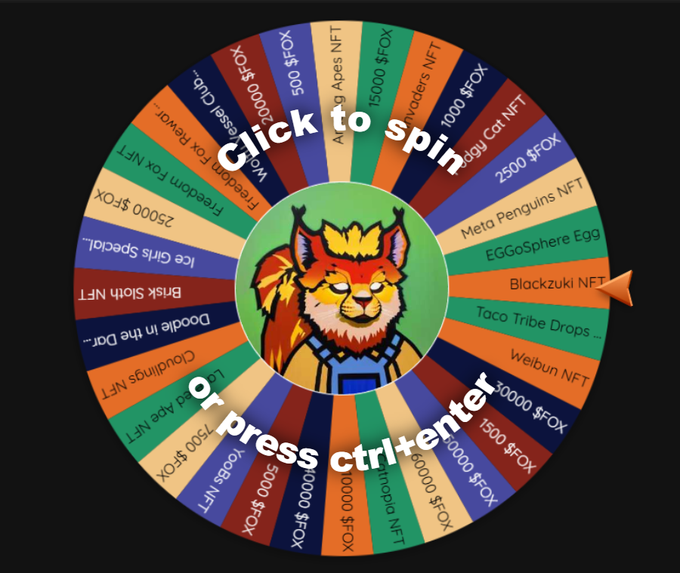 FreedomFoxes's tweet image. There is still 1 week left to Spin the @FreedomFoxes  #Prize Wheel! 🎁🎡

Adopt a #Fox from the link below for your chance to #Spin! Each Fox you adopt earns you 1 spin! Every spin is a #Winner!🦊👇

opensea.io/collection/fre…