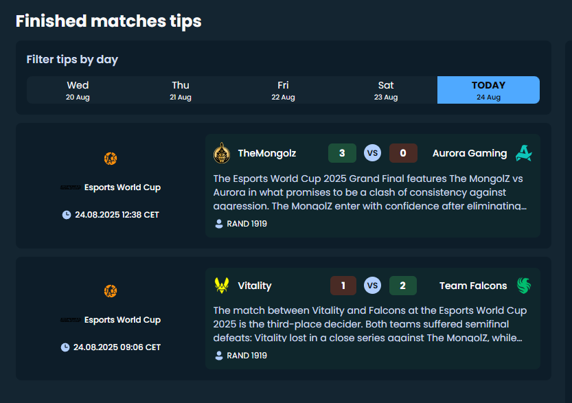 #EWC2025 final day. 2/2

✅MongolZ vs Aurora: Mongolz ML
✅Vitality vs Falcon: Falcons ML

gocore.gg/tips

🤑🤑🤑

#EWC #CS2 #bettingpicks #bettingx