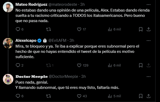 F_Napalm's tweet photo. @DoctorMeeple Leyendo las respuestas, al que llamó subnormal fue al tío que le dijo que era racista y que criticaba a los italoamericanos. No sé de dónde dices que te insulto a ti https://t.co/rum6ALUDkL