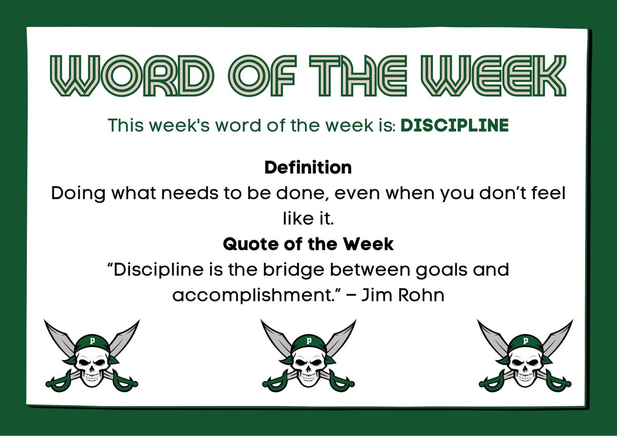 Word of the Week: Discipline🔥
Doing what needs to be done, even when you don’t feel like it. “Discipline is the bridge between goals and accomplishment.” - Rohn 
#DeepWaters