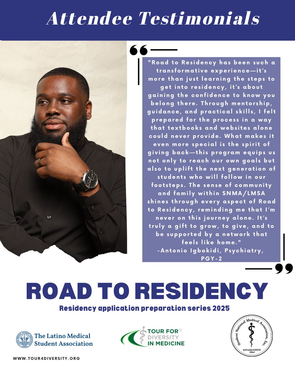 SNMA's tweet photo. ✨ Road to Residency ✨

This week we’re spotlighting Antonio Igbokidi, Psychiatry PGY-2, who shares how RTR builds confidence, mentorship &amp; community. 🩺💙

Don’t miss this week’s specialty panels—Zoom links in our Linktrees! 🌟

#RoadToResidency #SNMA #LMSA #T4D https://t.co/J9u762Gkm2