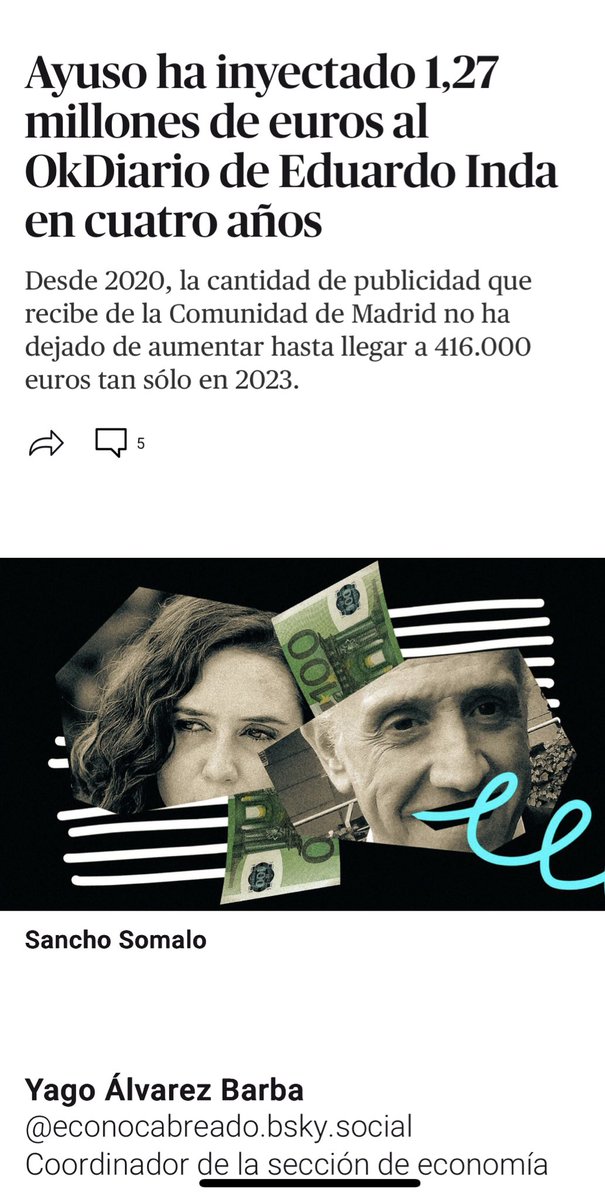 Es increíble que Ayuso le esté pagando una pasta de nuestros impuestos a Inda para que haga fotos de la familia de Pedro Sánchez en la Mareta.

Increíble que nadie lo investigue ese desvío de dinero público. 

1 millón cuatrocientos mil euros en apenas cuatro años.