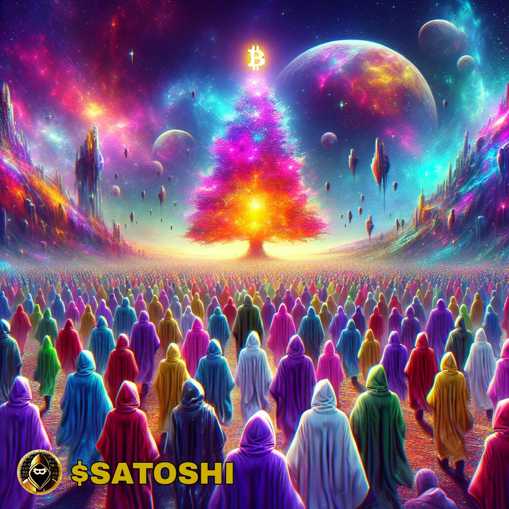 사이키델릭 풍경 속 비트코인 심볼과 $SATOSHI 로고가 박힌 빛나는 나무 주변에 후드 쓴 인물들이 모여 있는 우주적 모임