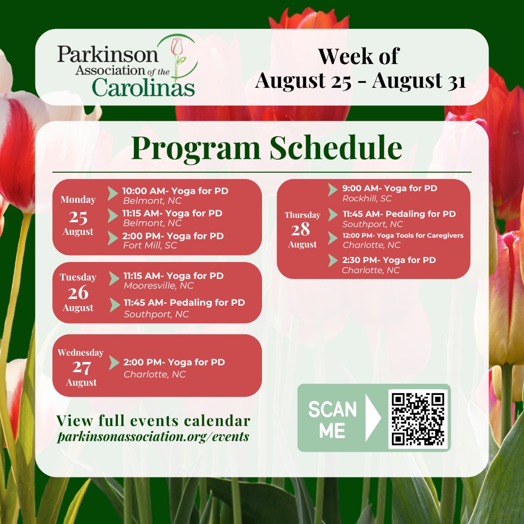 🌟 PAC Weekly Roundup (Aug 25–31) 🌟 Join Parkinson Association of the Carolinas for Yoga for PD (incl. Mooresville 8/26) &amp; Pedaling for PD in Southport! In-person &amp; online options ➡️ parkinsonassociation.org/events/ #PACCommunity #ParkinsonsSupport