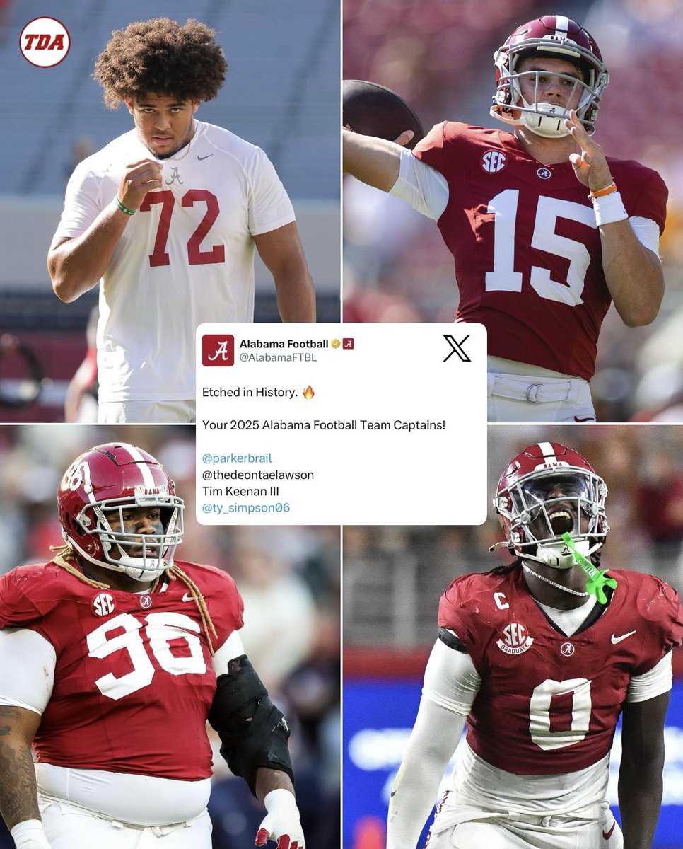 Meet Alabama’s 2025 Team Captains 👀

🐘 Tim Keenan III
🐘 Deontae Lawson
🐘 Ty Simpson
🐘 Parker Brailsford

tdalabamamag.com/2025/08/21/ala…