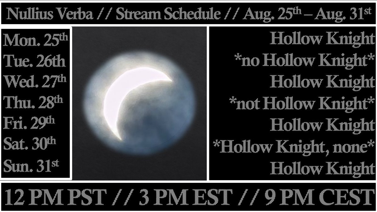 📰HEAR YE, HEAR YE📰

Once again I've been bitten by the Hollow Knight bug, for better or for worse, so we'll be playing that a little bit this week.

All to prepare for Silksong after this week ends. Come and see us wrap up loose ends. :)