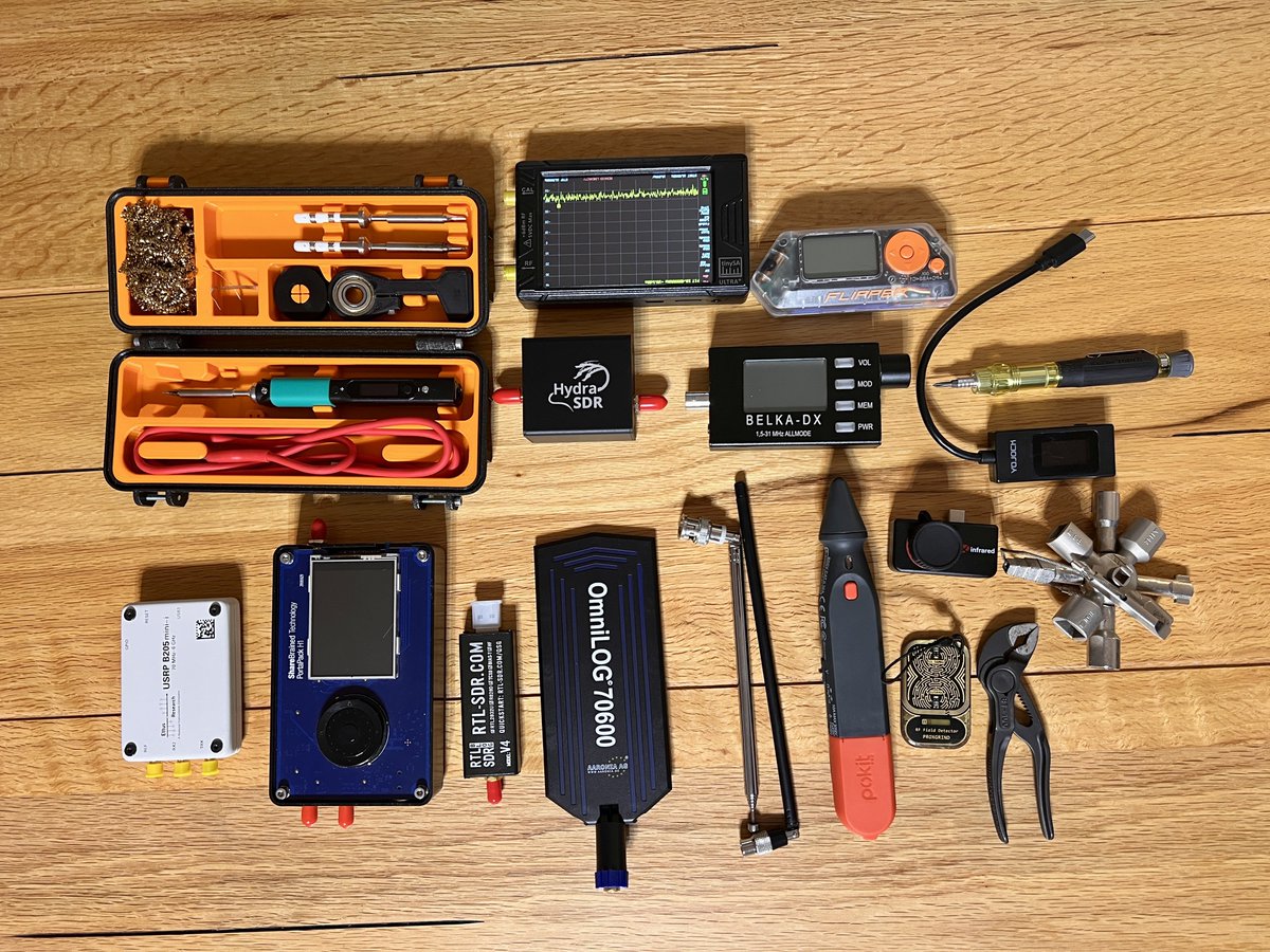 Some people pack sunscreen. I pack SDR, antenna, multimeter, and soldering iron.
Here's my small, portable "just in case" vacation kit.