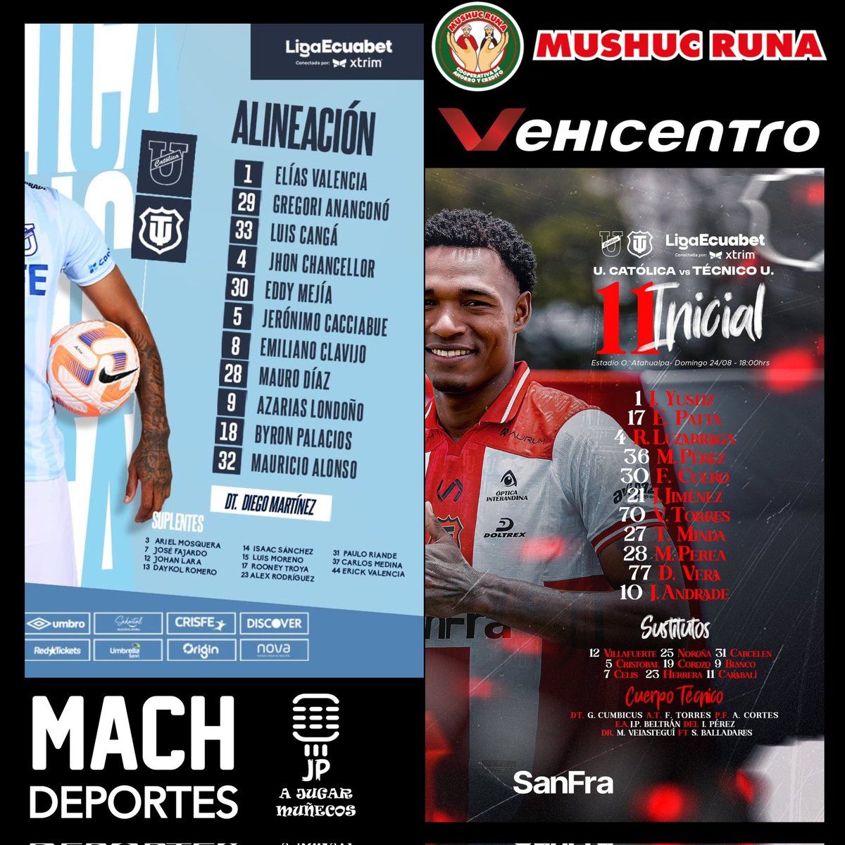 Jean Pierre Villarruel M (@jeanpivillam) on Twitter photo 2do turno en el 🏟️ #OlimpicoAtahualpa
Sintoniza <a href="/MachdeportesFM/">Machdeportes ✨ Gente Que Sabe De Radio</a> 📻 91.7FM PCH Y 107.7FM GYE
#AJugarMuñecos
<a href="/UCatolicaEC/">U. Católica Ecuador</a> 🆚 <a href="/TecnicoUOficial/">TécnicoUniversitario</a>
#LigaEcuabet
Gracias al auspicio de <a href="/mushucrunacoac/">Mushuc Runa COAC</a>
<a href="/vehicentro/">Vehicentro EC</a> 2do turno en el 🏟️ #OlimpicoAtahualpa
Sintoniza <a href="/MachdeportesFM/">Machdeportes ✨ Gente Que Sabe De Radio</a> 📻 91.7FM PCH Y 107.7FM GYE
#AJugarMuñecos
<a href="/UCatolicaEC/">U. Católica Ecuador</a> 🆚 <a href="/TecnicoUOficial/">TécnicoUniversitario</a>
#LigaEcuabet
Gracias al auspicio de <a href="/mushucrunacoac/">Mushuc Runa COAC</a>
<a href="/vehicentro/">Vehicentro EC</a>