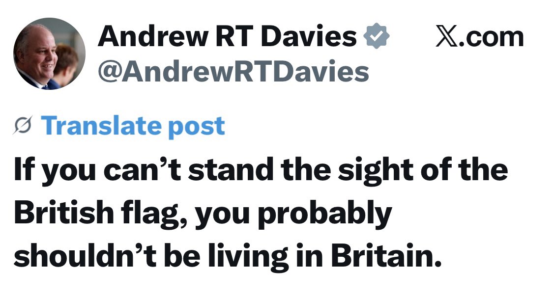 Ieu61's tweet photo. I not only canโt stand the sight of the โBritishโ flag - I canโt stand the sight of you Andy bach. But there you are on social media every day - do you ever do any work? #welshconservatives #Andrewrtdavies https://t.co/V8s4YuXZQb