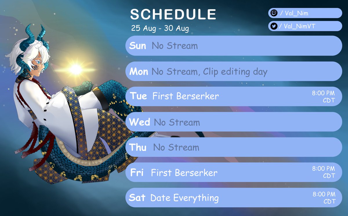 Val_NimVT's tweet photo. Simpler schedule this week since I need to catch up on clips. I am working on a big project that I hope that everyone will enjoy (✧ω✧)  Some delays due to being commissioned for 3 pieces of art. But soon I promise. Mwah (ﾉ´ з `)ノ  https://t.co/MrqCl8VZIN #Vtuber #Val_NimArt https://t.co/6meyFJMI84