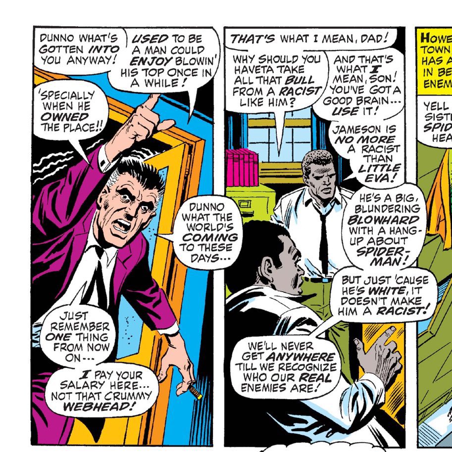 J. Jonah Jameson is canonically not a racist in the comics. He used the ...