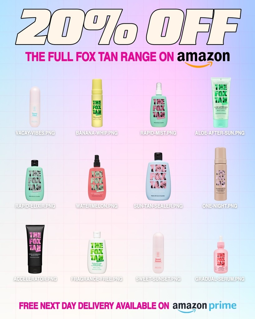 BABES, THIS IS YOUR SIGN ✨🚨⁠
Our Amazon Prime Sale is officially LIVE (!!)⁠
20% OFF the ENTIRE Fox Tan range from now until Sept 1 🛍️☀️⁠
⁠
Your glow era just went next-level, and with free next-day Prime delivery, you’ll be bronzing by tomorrow.⁠