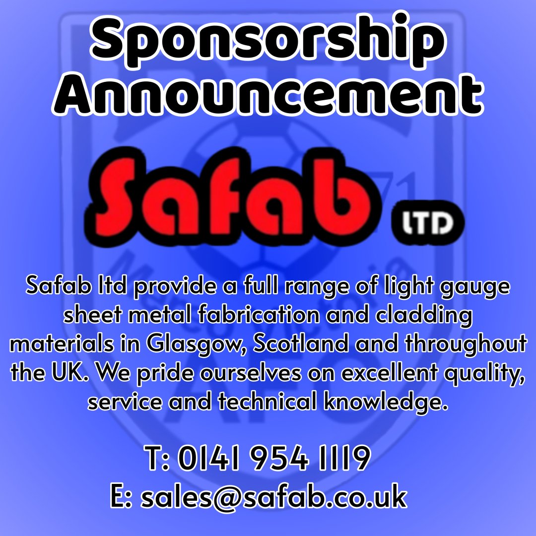DTI AFC are pleased to announce another season sponsored by SAFAB ltd.
Safab provide a full range of light gauge sheet metal fabrication and cladding materials in Glasgow and throughout the UK.

Tel: 0141 954 1119
Email: sales@safab.co.uk