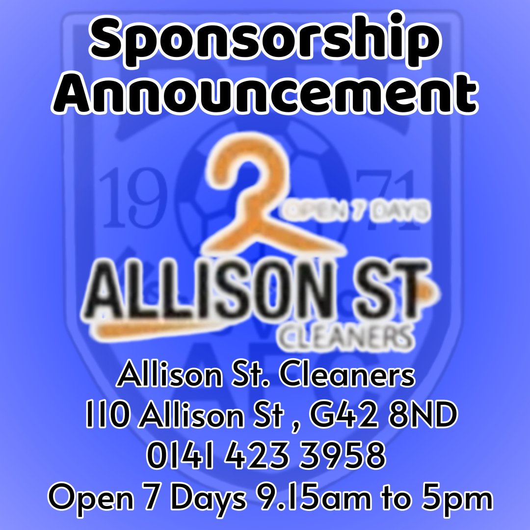 DTI are pleased to announce our new sponsor for the season ahead.

Allison Street Cleaners
110 Allison St, G42 8ND
0141 423 3958
Open 7 days a week
9.15am - 5pm