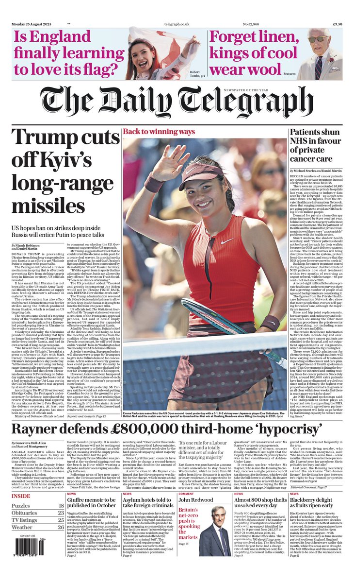 The front page of tomorrow's Daily Telegraph:

Trump cuts off Kyiv’s long-range missiles

#TomorrowsPapersToday