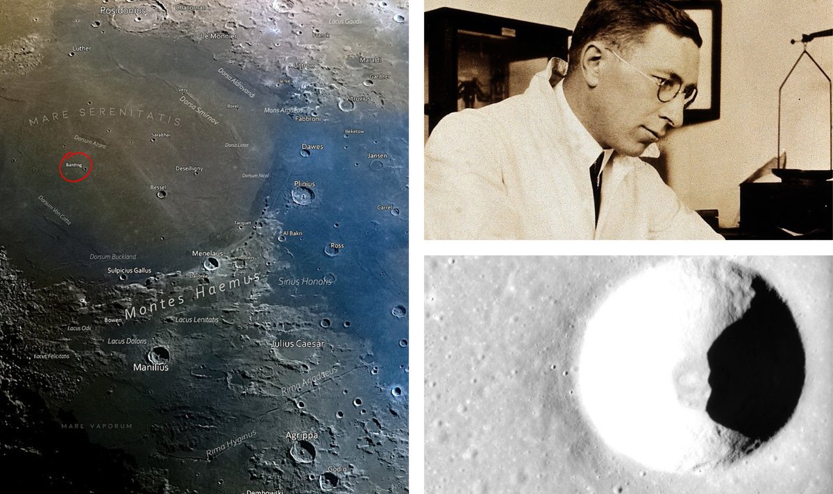 On the Moon, in Mare Serenitatis (the eastern eye of the Man in the Moon), there is the crater named for Sir Frederick Banting.
The crater is 6.4 km wide. The landing sites of Apollo 15 and 17 are located a few hundred kilometres away on either side.