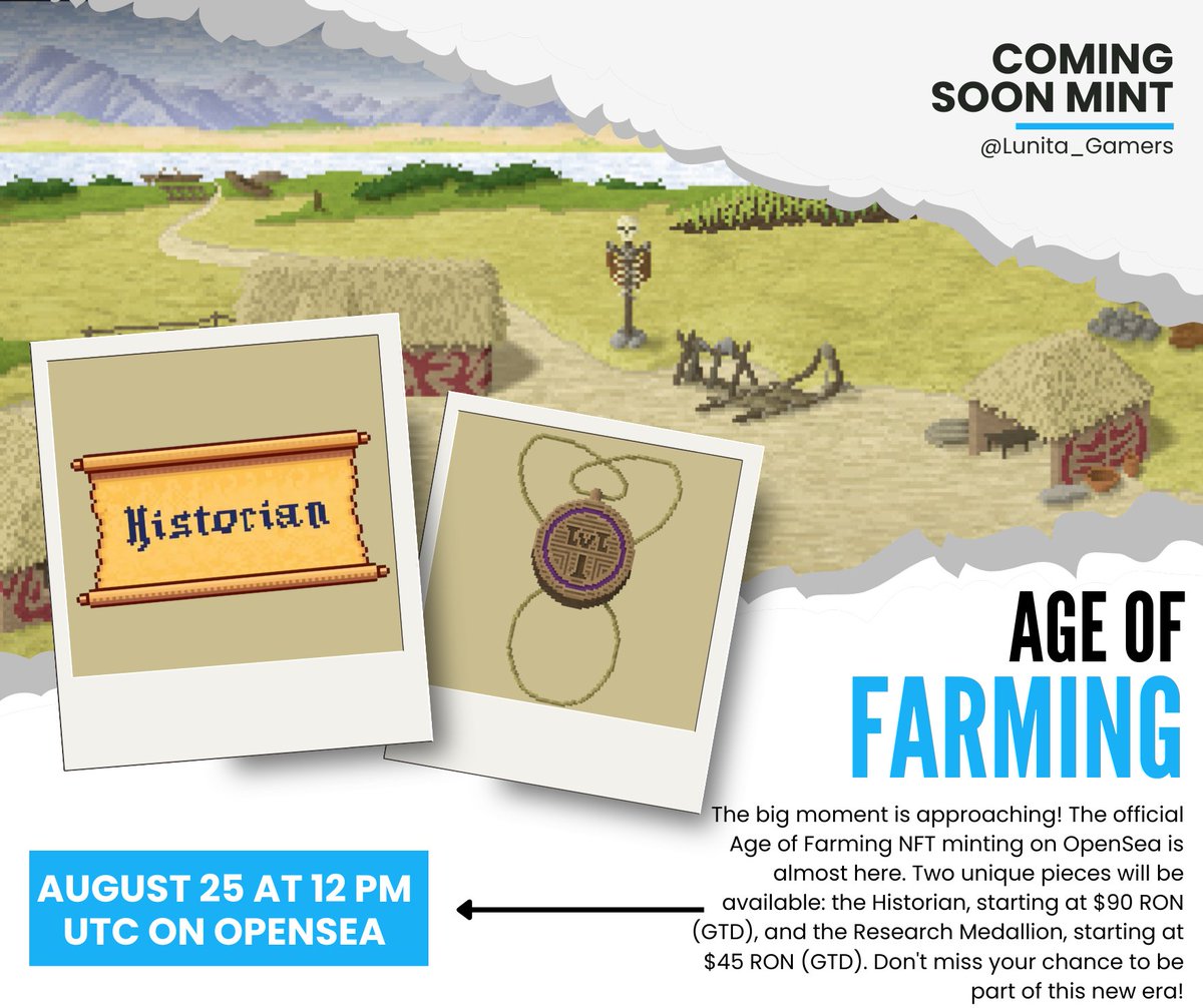 Lunita.ron | KIND⚡$CAG (@lunita_gamers) on Twitter photo ✨The big moment is approaching! This August 25th at 12 p.m. UTC, the official <a href="/Age_of_Farming/">Age of Farming Ronin</a> mint arrives on OpenSea.
🔹 Historian (GTD) – from 90 $RON
🔹 Research Medallion (GTD): from 45 $RON
Don't miss out on this new era 🌾 ✨The big moment is approaching! This August 25th at 12 p.m. UTC, the official <a href="/Age_of_Farming/">Age of Farming Ronin</a> mint arrives on OpenSea.
🔹 Historian (GTD) – from 90 $RON
🔹 Research Medallion (GTD): from 45 $RON
Don't miss out on this new era 🌾