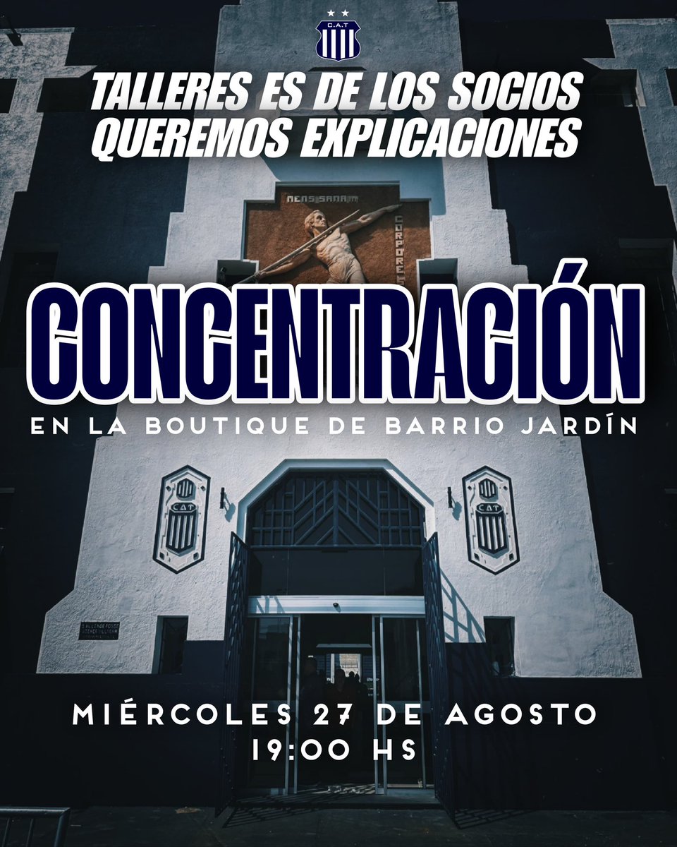 TALLERES TE NECESITA

Quedan 10 fechas para salvarnos del descenso y a los dirigentes no parece importarles. A los hinchas y socios sí. 💙🤍 

Este miércoles 27/8 nos encontramos a las 19hs todos en La Boutique. 

Porque Talleres es de sus socios y no de una dirigencia sorda.